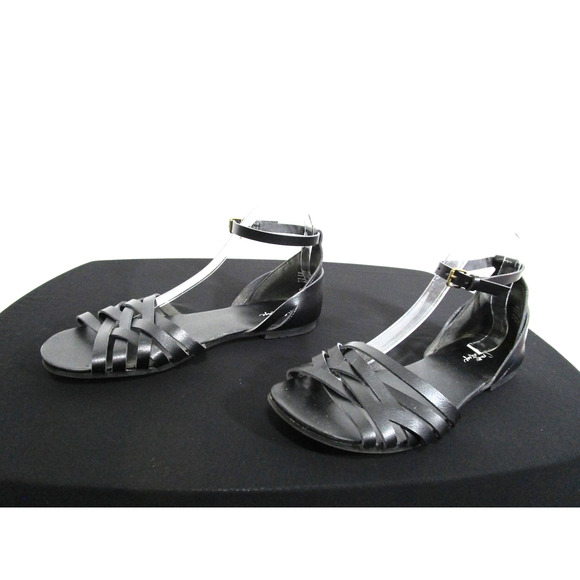 Crown Vintage Nayli Black Faux Leather Ankle Strap Flat Sandals Women 9.5 - Picture 1 of 12